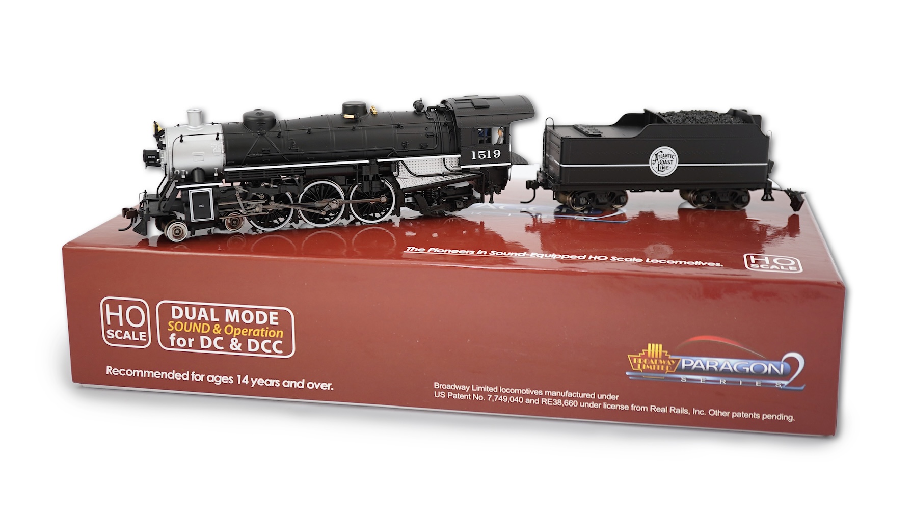 A boxed HO gauge Broadway Limited Paragon 2 Series (1055) model of Atlantic Coast Line 1519, 4-6-2 locomotive with bogie tender, powered for two rail operation.